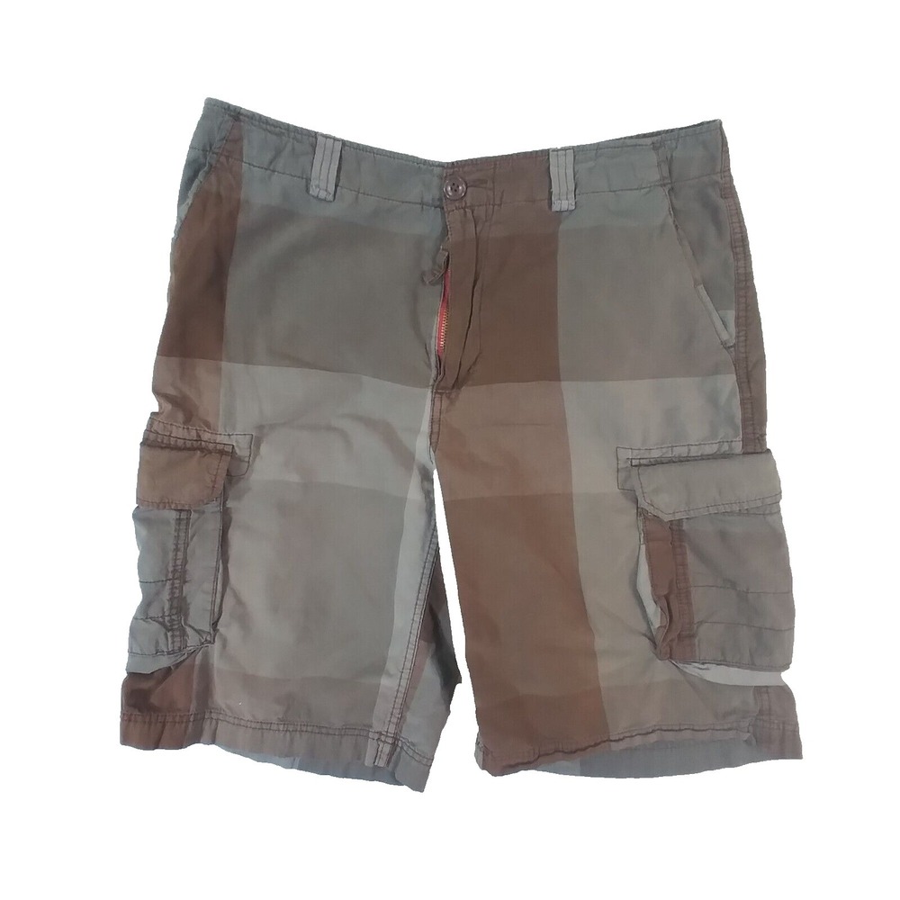 OP Ocean Pacific cargo shorts men's 34x 11 plaid lightweight cotton brown green